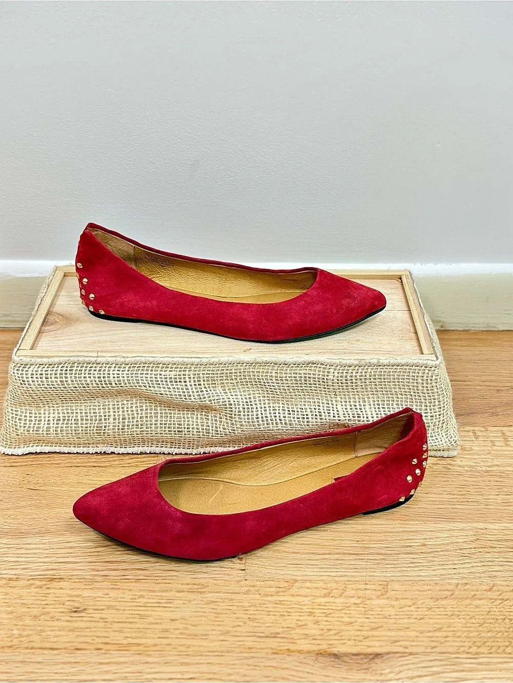 Halogen Women's Red Suede Pointed Toe Flats Size 10 Gold Studded Ballet Shoes